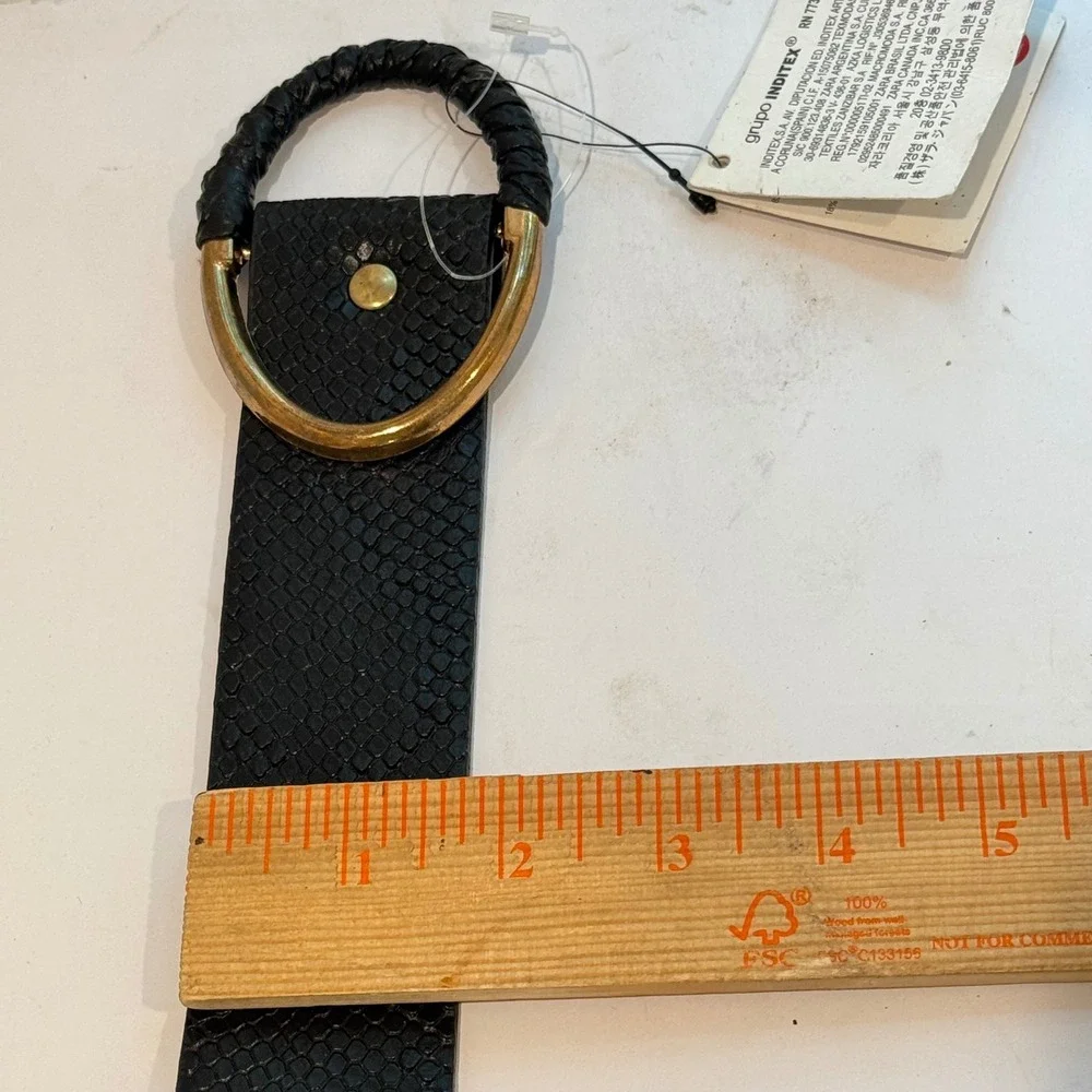 NEW Zara Snakeskin Embossed‎ Belt Womens M/L 33in Black Braided Gold Buckle Wide